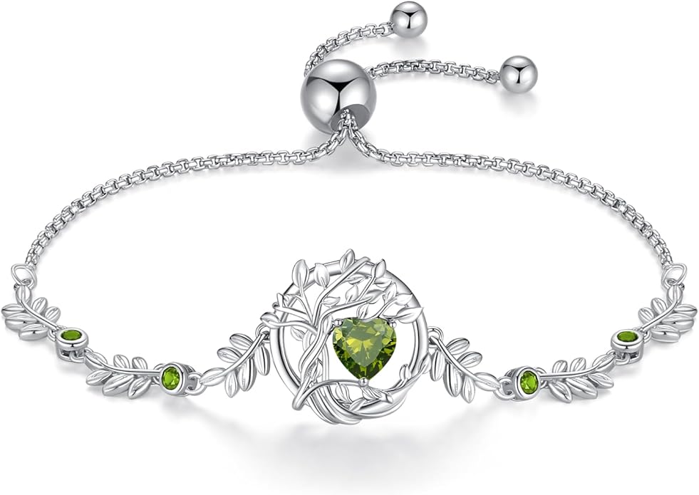 FANCIME Valentines Day Gift Tree of life Birthstone Bracelet for Women Sterling Silver Tree Jewelry Birthstone Charm Bracelet Gemstone Anniversary Birthday Gifts for Wife Mom Her