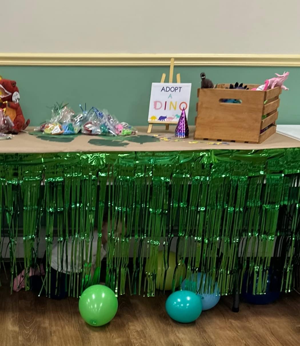 Set of 2 Metallic Foil Fringe Table Skirt 29x108 Inch Tinsel Disposable Skirting for Parade Floats Trailer, Mardi Gras Party, Birthday, Baby Shower, Wedding (Green)