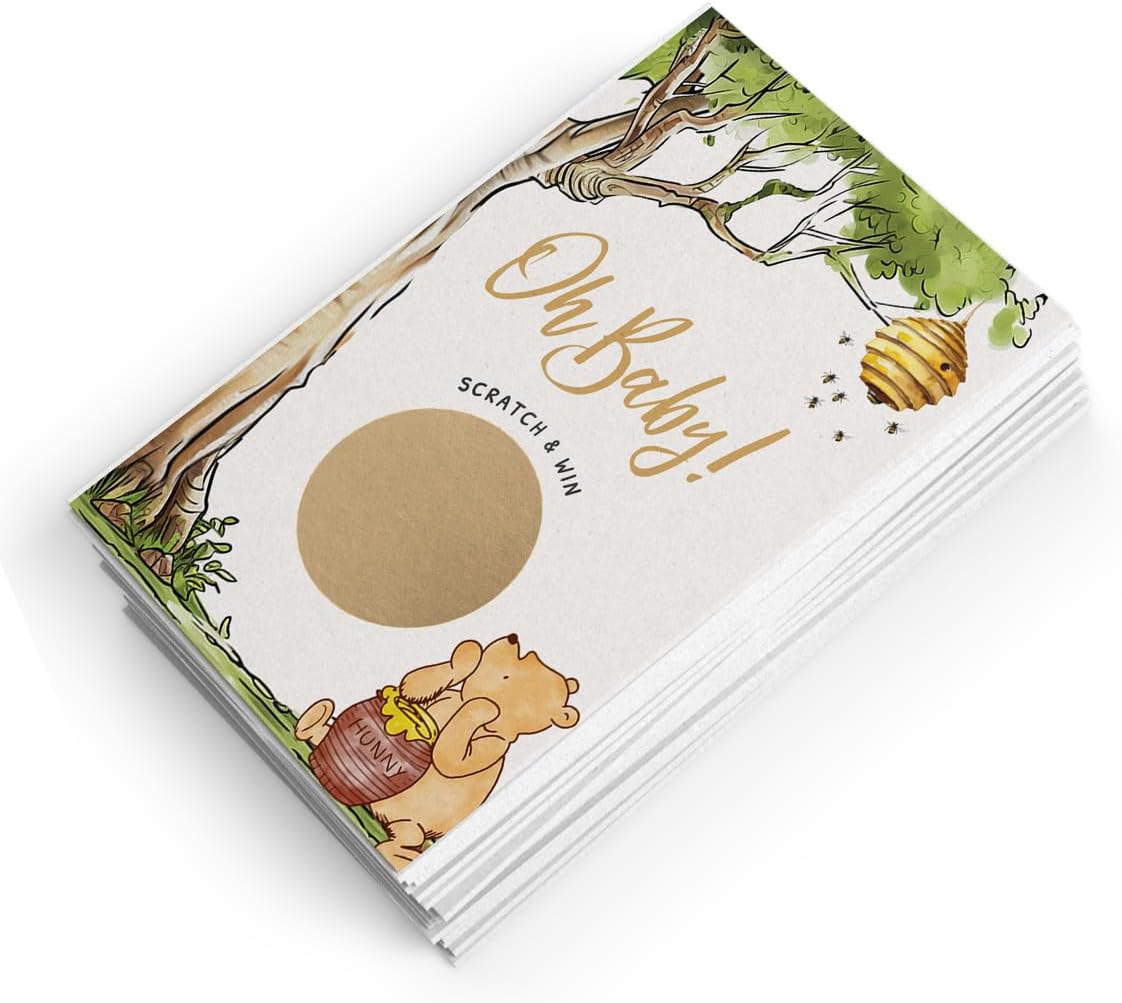 Printed Party Winnie Baby Shower Games – Scratch Off Game with Classic Pooh Theme, Gender Neutral for Boy or Girl, 30 Cards & Stickers