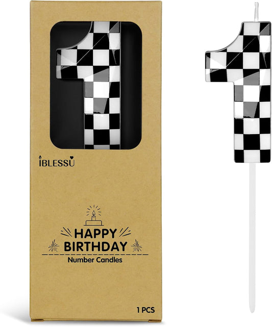 Number 1 Racing Cars Birthday Candles,2.68 Inch Black White Checkered Birthday Number Candles, Cool Racing Themed Number Candles for Boys and Girls, Kids Race Car Themed Party Decorations Supplies