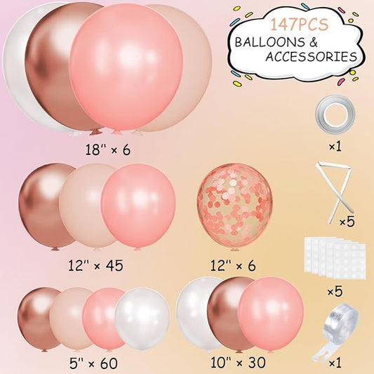 MEBAY 147PCS Rose Gold Balloon Garland Arch Kit, Pearl Rose Gold Metallic White Nude Balloons with Confetti for Wedding Bridal Shower Princess Party Girl Birthday Baby Shower Decorations