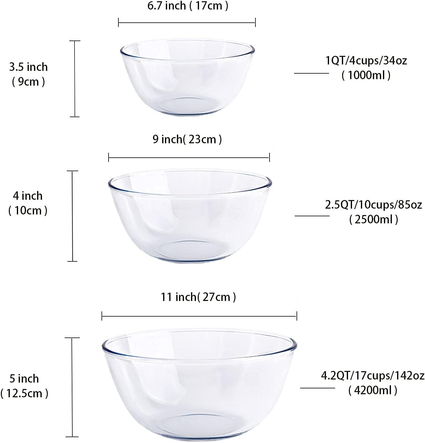 Glass Mixing Bowl Set for Baking 3-Piece Salad Bowl Set (1qt, 2.5qt, 4.2qt), High Brosilicate Large Bowls for Kitchen Prepping Serving and Storage, Microwave Dishwasher Oven Safe