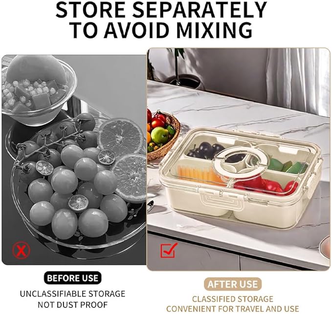 Small Snackle Box Container with Lid, 4 Compartment Travel Snack Container with Handle, Divided Serving Tray with Lid, Portable Snack Box for Candy, Fruits, Nuts, Snacks, Veggies
