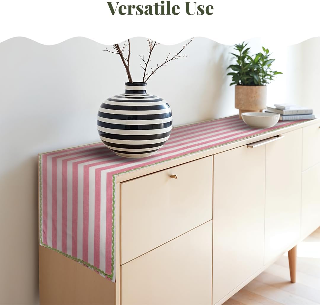 Folkulture Table Runner 108 Inches Long | Rick Rack Embroidered Runner for Home Decor | 100% Cotton Long Table-Runner for Christmas Decor | Pink & Green | Wash Friendly