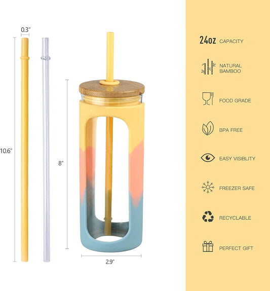 Kodrine 20oz Glass Tumbler with Straw and Lid, Iced Coffee Cups with Bamboo Lids, Glass Cups for Cold Drinks, Smoothie Cup with Silicone Sleeve for Travel, Work, BPA FREE-Blue Yellow