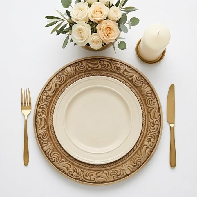 13-Inch Vintage Embossed Charger Plates, Set of 6 - Decorative Antique Gold Plastic Underplates for Dinner Party, Wedding, and Holiday Table Decor - Durable & Reusable Service Plates