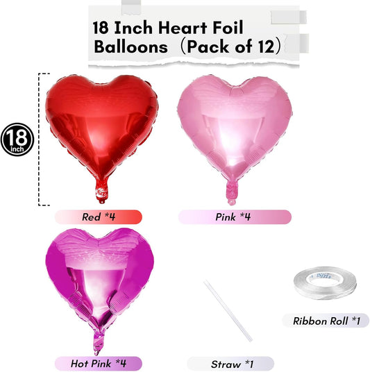 Hot Pink Foil Heart Balloons, 12 Pcs 18 Inch Mylar Heart Shaped Pink & Red Party Decoration for Birthdays, Weddings, Anniversaries, Valentine's Day