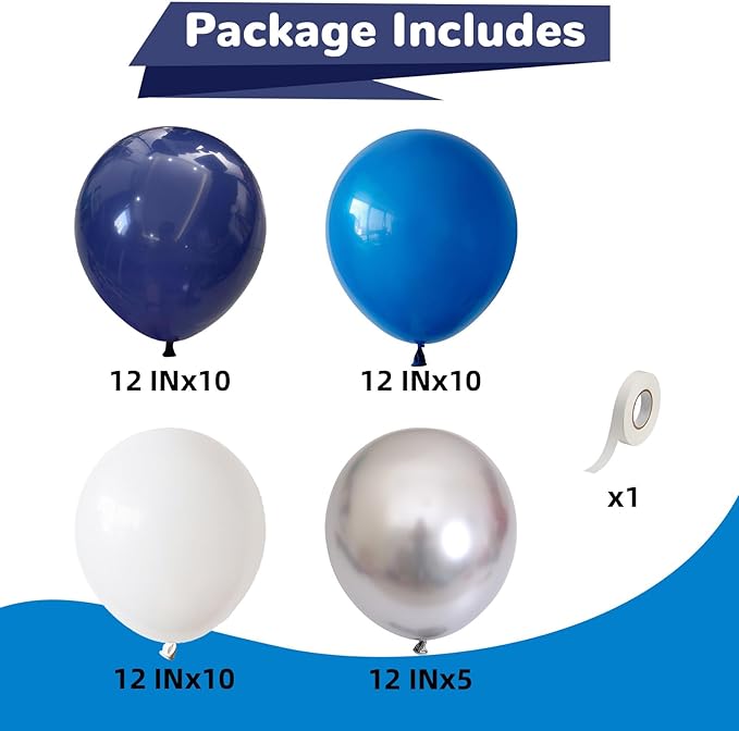 Blue White Silver Balloon 12 Inch Graduation Balloons Pearl Navy Royal Blue Metallic Chrome Silver White Latex Party Balloon for Grad Class of 2025 Decoration Anniversary Birthday