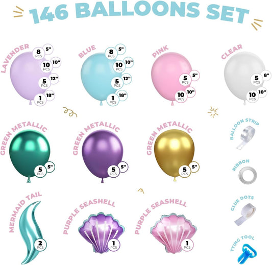 Mermaid Balloon Garland Arch Kit – Under the Sea Party Decorations with Pastel Pink, Blue, Purple, Gold Balloons, Shell & Tail Foil Balloons, Ocean Theme Birthday, Baby Shower Décor by Vellax®