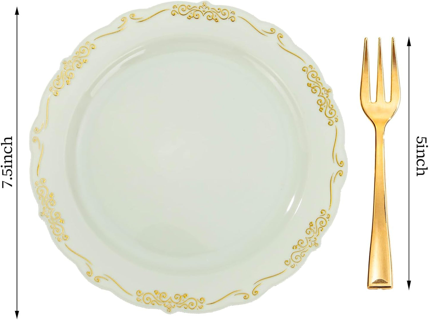 LIYH 100 Pcs Light Green Gold Plastic Dessert Plates with 100 Pcs Gold Dessert Plates, Disposable Sage Green Salad Plates, Includes: 100 Appetizer Plate 7.5" & 100 Golden Cake Forks 5"