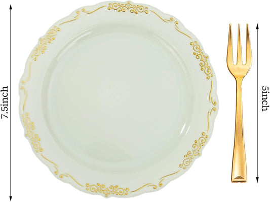 LIYH 100 Pcs Light Green Gold Plastic Dessert Plates with 100 Pcs Gold Dessert Plates, Disposable Sage Green Salad Plates, Includes: 100 Appetizer Plate 7.5" & 100 Golden Cake Forks 5"