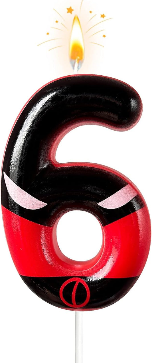 Black Red Mask Number 6 Birthday Candles - Comic Themed Cake Topper for Birthday Decorations Supplies, 6 Candle Party Favors (Number 6)
