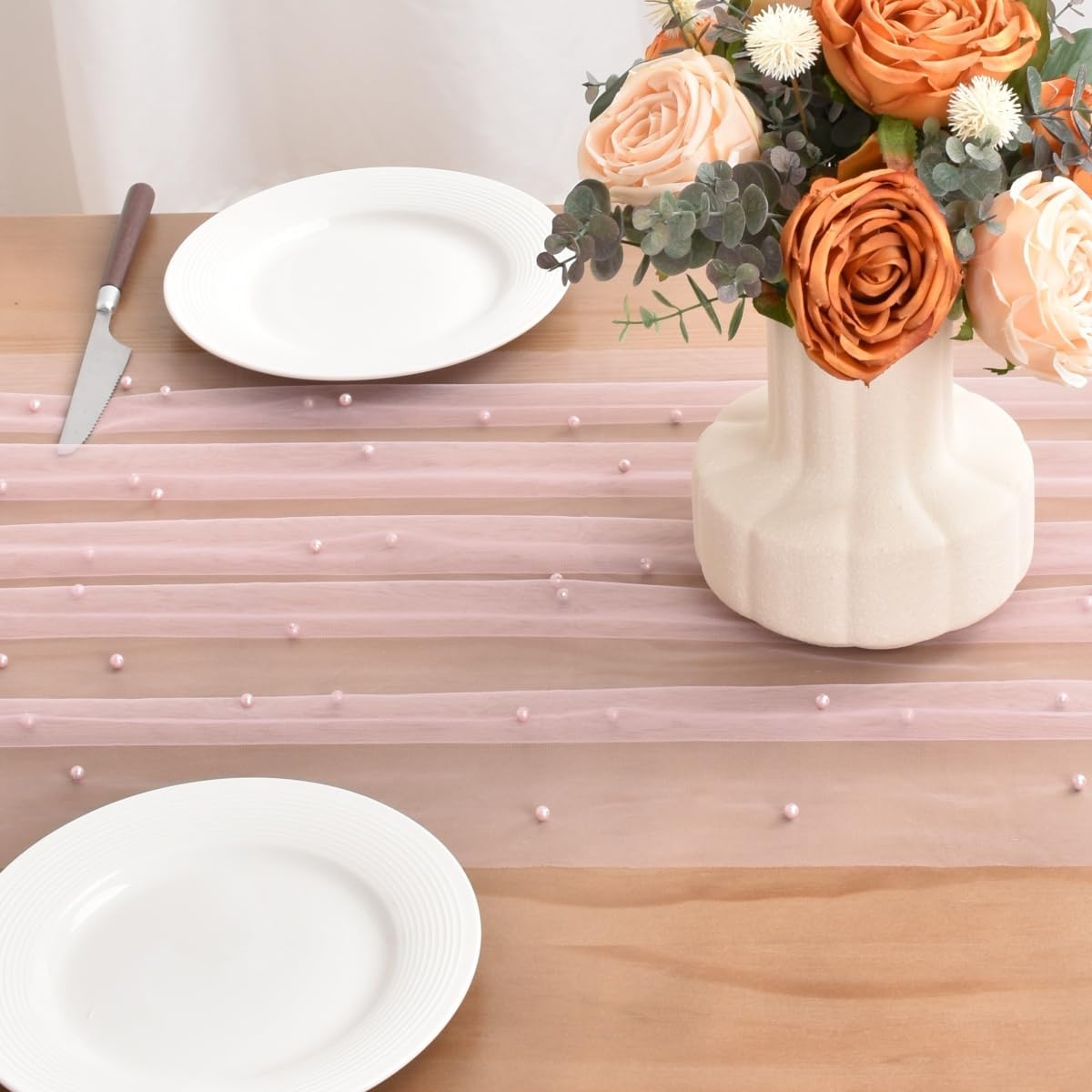 Blushing Pink Pearl Fall Thanksgiving Table Runner Boho Rustic Tulle Lace Table Runner for Baby Shower Wedding Arch Decor Veil Dessert Table Decor