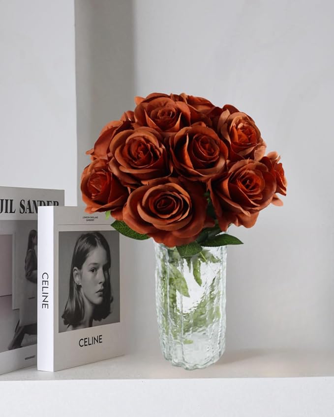 Artificial Roses Flowers, 12 Pcs Fake Rose in Bulk, Long Stem Realistic Silk Roses Bouquet for Fall Home Decor, Thanksgiving Decor, Centerpieces, Flower Arrangement (Burnt Orange, 12-PCS)