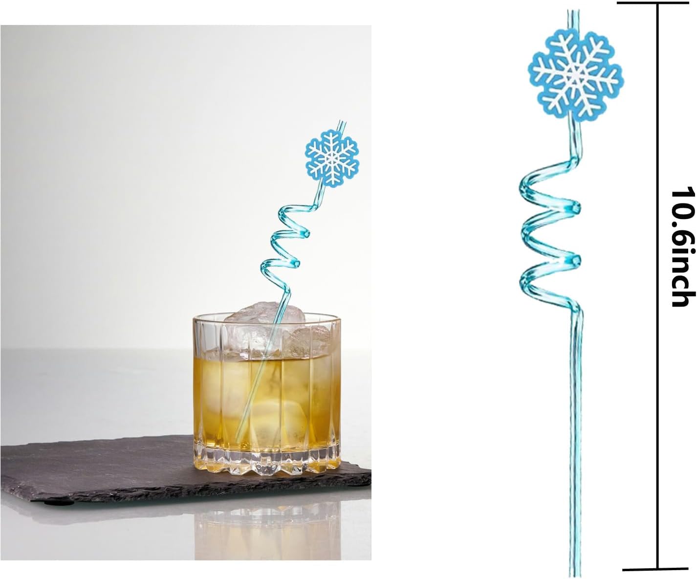 24 PCS Frozen Plastic Straws for Birthday Party Supplies Snowflake Shape Drinking Straws with 2 PCS Cleaning Brushes (Frozen Blue)