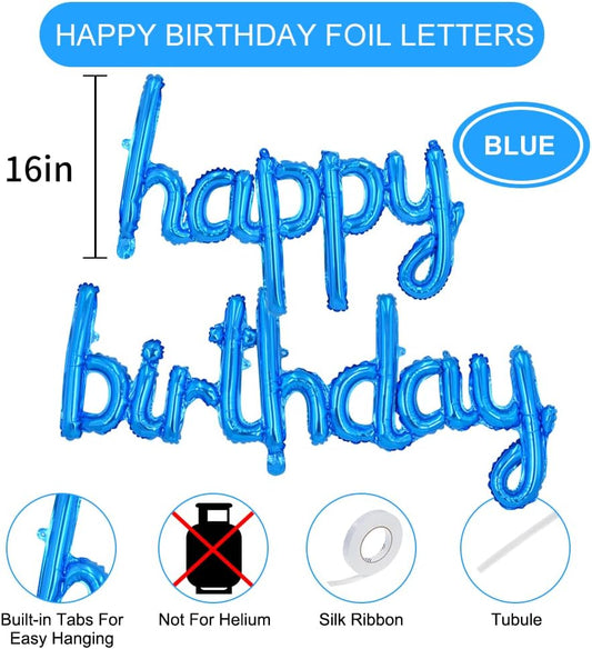 TONIFUL Blue Happy Birthday Balloons Banner, 16 Inch Mylar Foil Script/Cursive Letters Birthday Sign Banner Balloon Reusable Material for Girls Boys Kids & Adults Birthday Decorations
