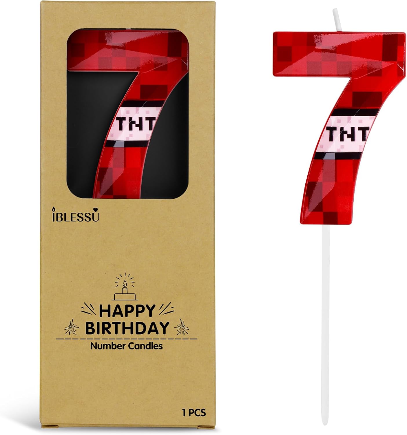 Pixel Birthday Candle, 2.68 Inch Miner Number Candles, Game Themed Candle Birthday Decoration for Pixel Theme Birthday Anniversary Dynamite Video Game Party (Red, 7)