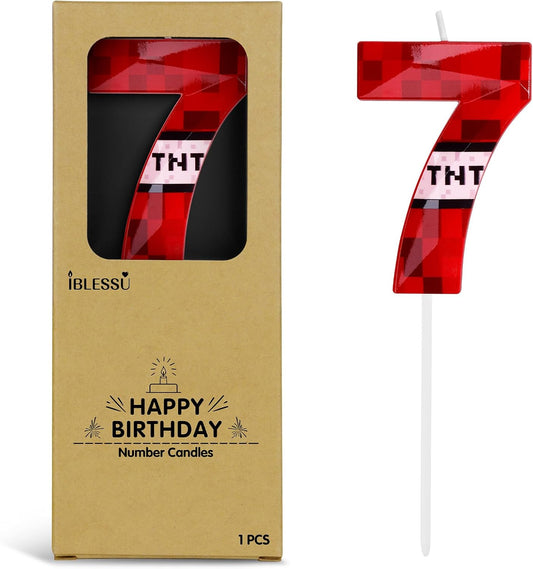 Pixel Birthday Candle, 2.68 Inch Miner Number Candles, Game Themed Candle Birthday Decoration for Pixel Theme Birthday Anniversary Dynamite Video Game Party (Red, 7)