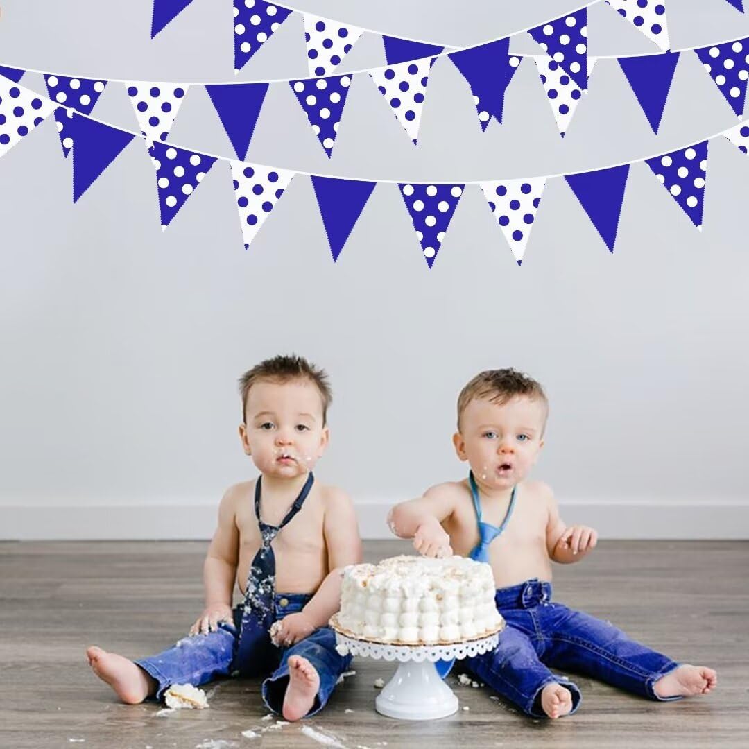 32Ft Royal Blue Party Decorations Blue White Fabric Polka Dot Triangle Banner Flag Pennant Bunting Garland Streamers for Picnic Racing Car BBQ Birthday Baby Shower Outdoor Garden Decor