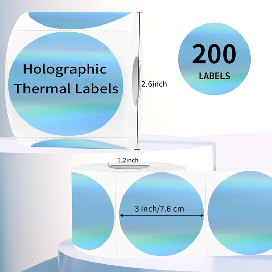 3" Holographic Direct Thermal Label Stickers, Round Printable Rainbow Glitter Thermal Printer Sticker Labels for Gift Wrapping, Self-Adhesive DIY Custom Logo Design- Holographic Blue