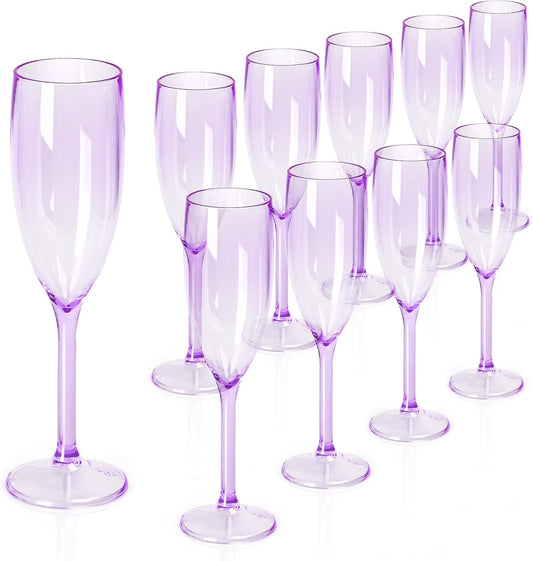 XUWAIDSGN 10 Pcs Champagne Flutes Plastic Wine Glasses Bulk Vintage Champagne Flutes Mimosa Bar Glasses Stemmed Drinking Cups 5.4OZ for Christmas Birthday Wedding Bride (10, Clear purple)