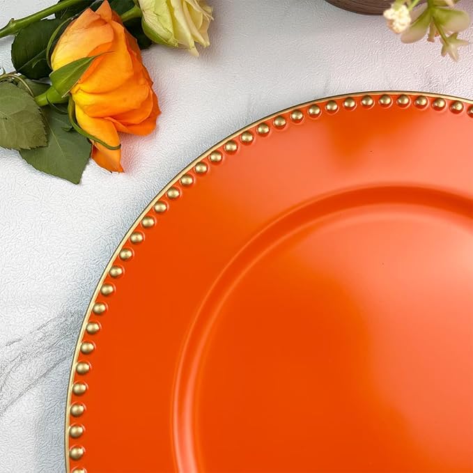 Orange Charger Plates with Beaded Rim, 13" Round Charger for Dinner Plates, Set of 6, Plastic Plate Chargers for Halloween, Table Setting, Party Decoration.