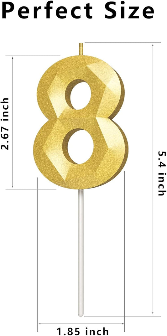 Number Birthday Candles(8 Candle Gold) 3D Diamond Shape Number Happy Birthday Cake Candles for Birthday Party Wedding Decoration Reunions Theme Party