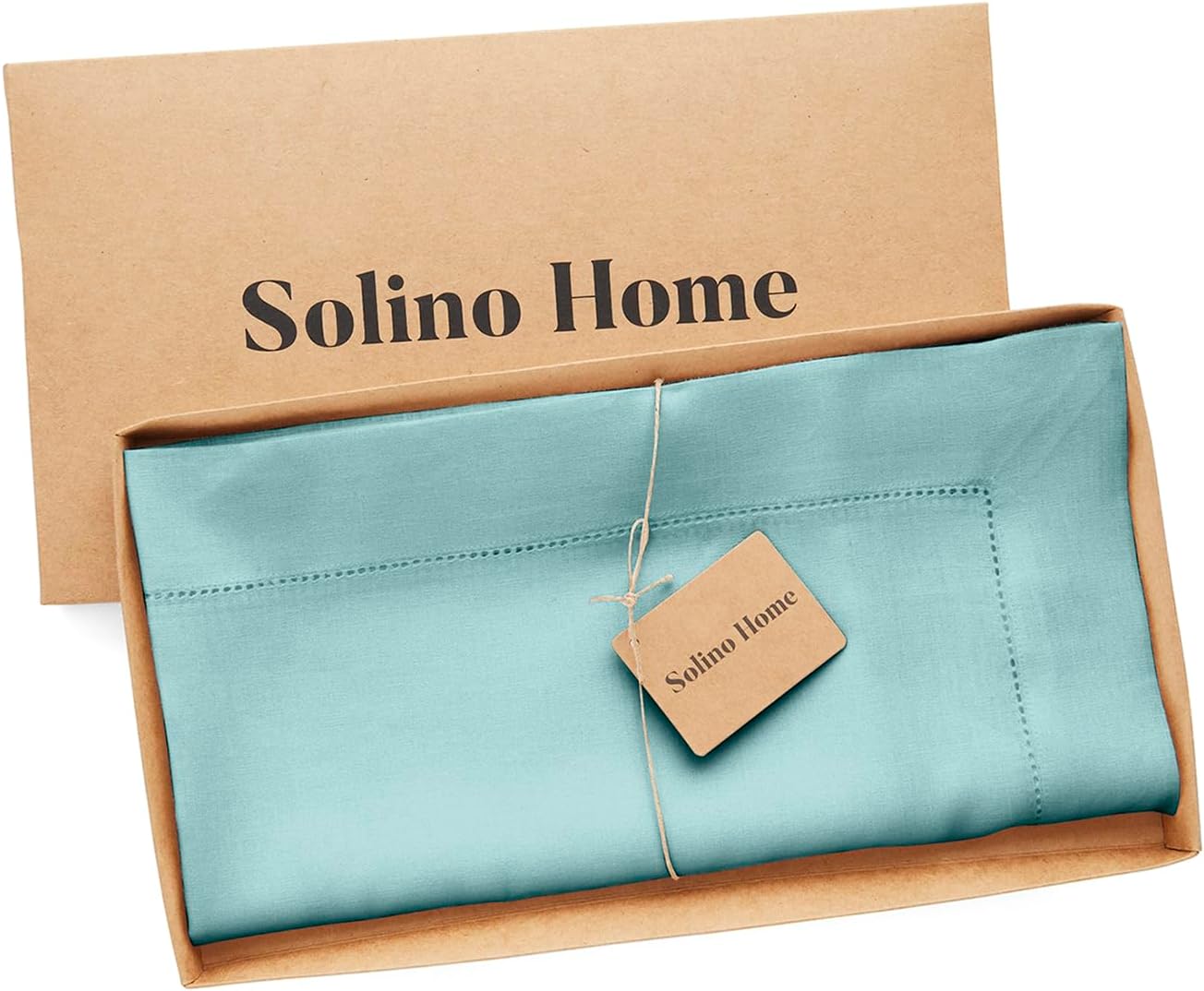 Solino Home Linen Square Tablecloth 52 x 52 Inch - 100% Pure Linen Aqua Blue Table Throw - Classic Hemstitch, Machine Washable Table Cloth