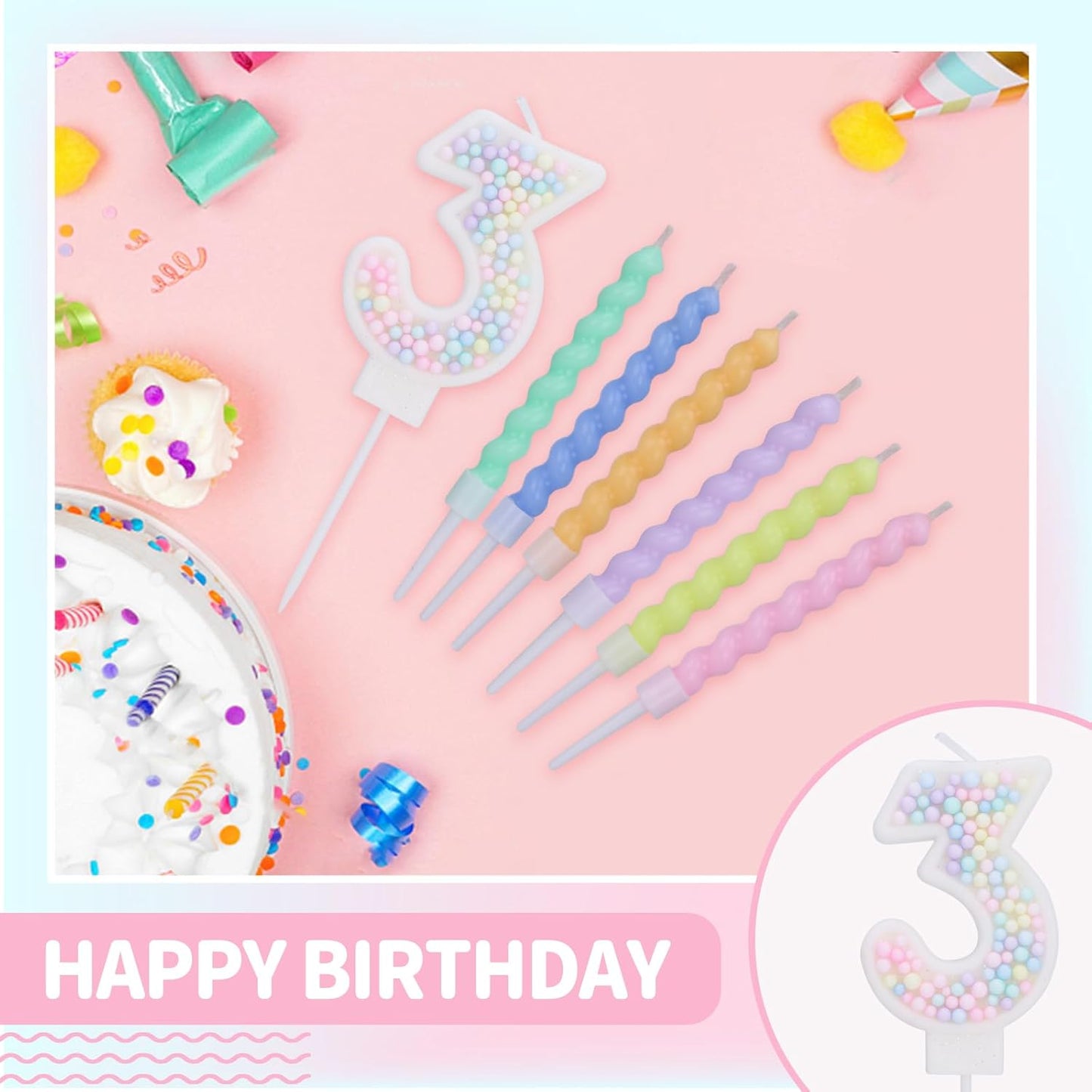 Number Birthday Candles for Cake with 12 Pieces Spiral Candles with Macaron Pastel Rainbow Pink Cake Toppers for Girls Happy Birthday Party Decorations (Number 3)