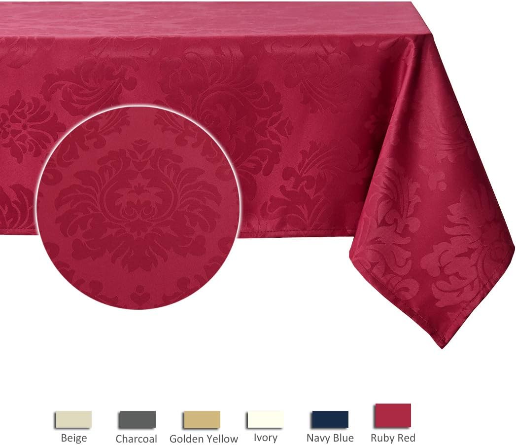 maxmill Jacquard Table Cloth Damask Design Water Proof Wrinkle Free Heavy Weight Soft Tablecloth Decorative Fabric Table Cover for Outdoor and Indoor Use Rectangular 60 x 104 Inch Ruby Red