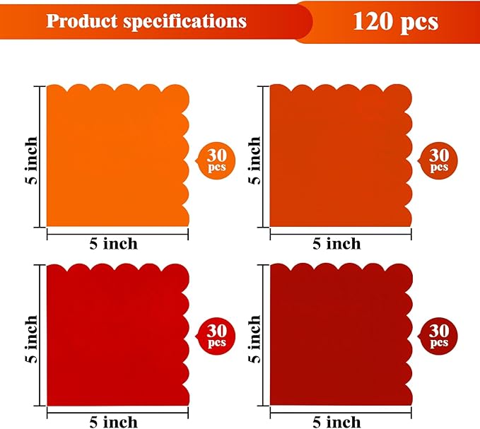 120PCS Gradient Red Cocktail Party Napkins, Red Scalloped Beverage Dessert Paper Napkin for Birthday Wedding