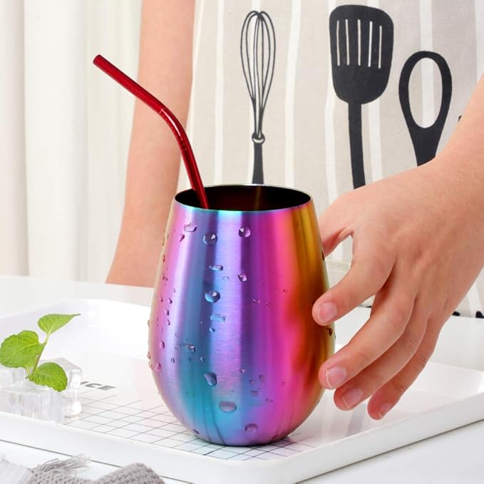 Buyer Star 304 Stainless Steel Wine Glasses Set of 2 - Large 17 oz Outdoor Stemless Wine Tumblers - 100% Unbreakable & Stemless Metal Drinking Cups for Home and Outdoors Dishwasher safe (Rainbow)