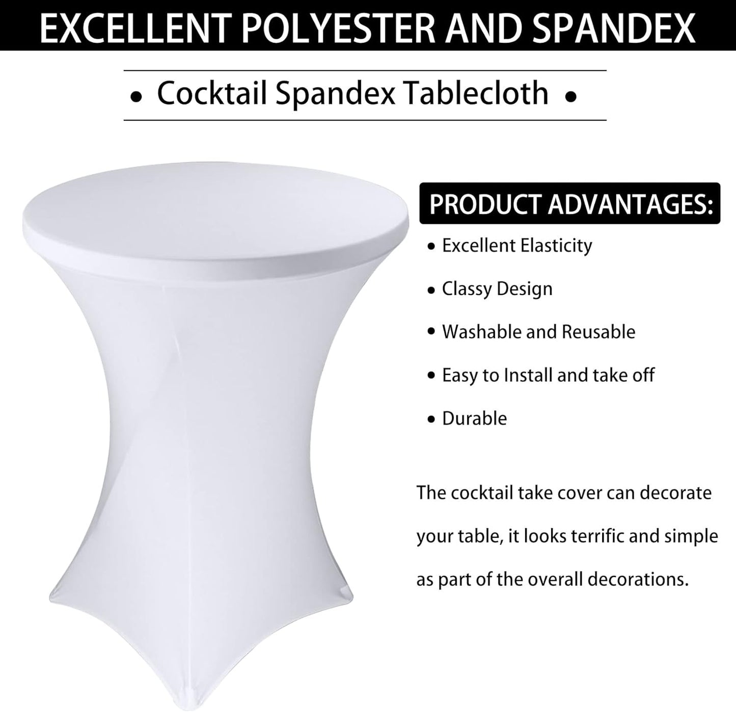 6 Pack Cocktail Spandex Tablecloth 32"x43" White Stretch Square Corners Cocktail Table Cover Fitted High Top Round Table for Bar Wedding Birthday Party Banquet