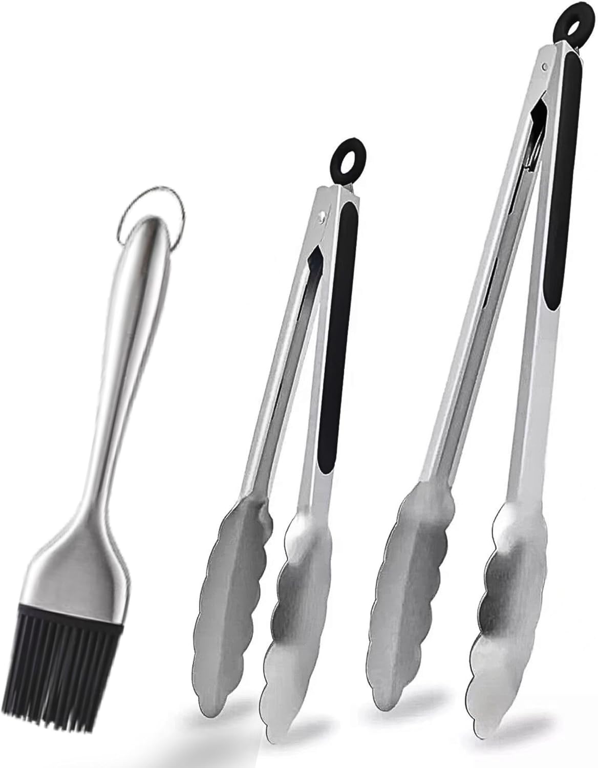 Stainless Steel Kitchen Tongs & Basting Brush Set – Heat Resistant Up to 600°F, Metal Locking Tongs for Cooking, Grilling, Baking & Barbeque (Silver, 9+12 inch)