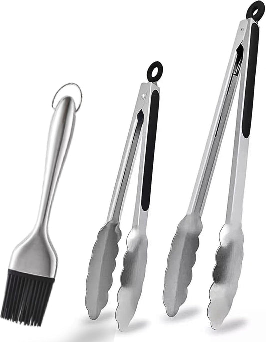 Stainless Steel Kitchen Tongs & Basting Brush Set – Heat Resistant Up to 600°F, Metal Locking Tongs for Cooking, Grilling, Baking & Barbeque (Silver, 9+12 inch)