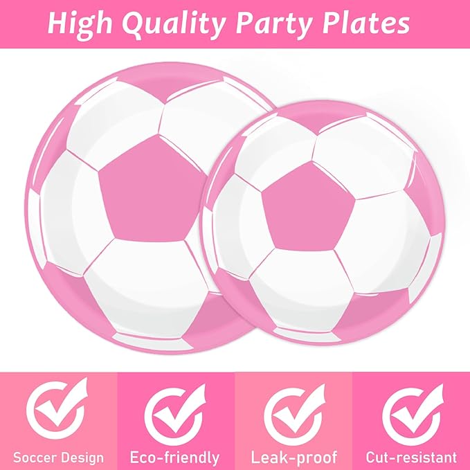 OBUSATT 96Pcs Pink Soccer Party Supplies - Birthday Paper Plates, Napkins, Decorations, Dinnerware, Party Favors, Serves 24