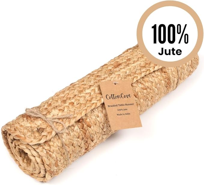 Natural Jute Braided Table Runner 36 inches Long - 13x36 Farmhouse Jute Burlap Braided Table Runners - 100% Jute Handcrafted Rustic Vintage Dining Table Runner Natural