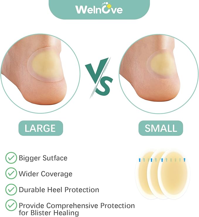 Gel Blister Hydrocolloid Bandages - Welnove 30ct Blister Cushions (Heel Pack) - Blister Bandages for Heel, Toe & Foot - Blister Pads for Prevention & Recovery - Water Resistant
