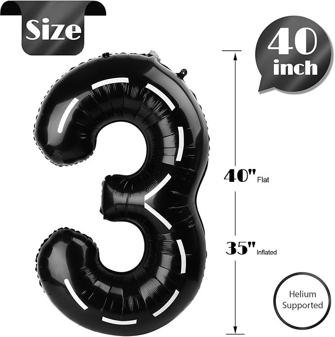 Race Car 3 Balloon, Number Balloons 40 Inch, 3rd Black Birthday Decorations for Kids Boys, Racing Birthday Decorations, Number 3 Balloon
