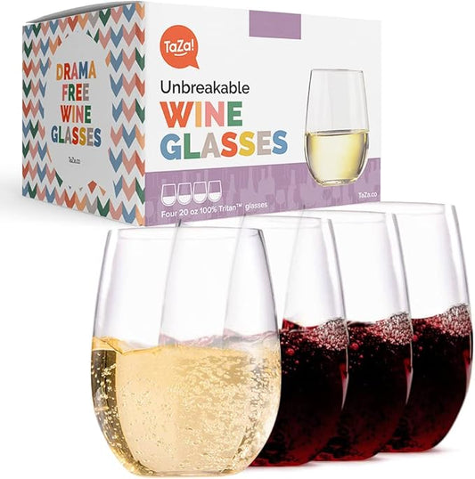 TaZa Outdoor Wine Glasses Stemless, 20oz Set of 4, Unbreakable Tritan Plastic Drinkware, Dishwasher Safe Reusable Glasses, Clear Shatterproof Glassware