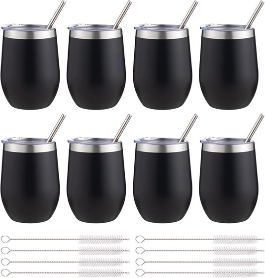 12 oz Insulated Wine Tumbler with Lid and Straw,Stainless Steel Stemless Wine Tumbler Glasses Double Wall Vacuum Wine Cups Tumbler Bulk for Coffee,Cocktail,Office(Black,8)