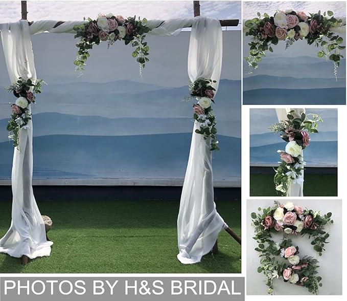 Wedding Arch Flowers,3Pcs Set White Rose Decorative Floral Swags, Artificial Greenery Eucalyptus Leaves Flower For Sheer Drapes, Wedding Chair, Arbor, Wedding Ceremony and Reception Arrangement