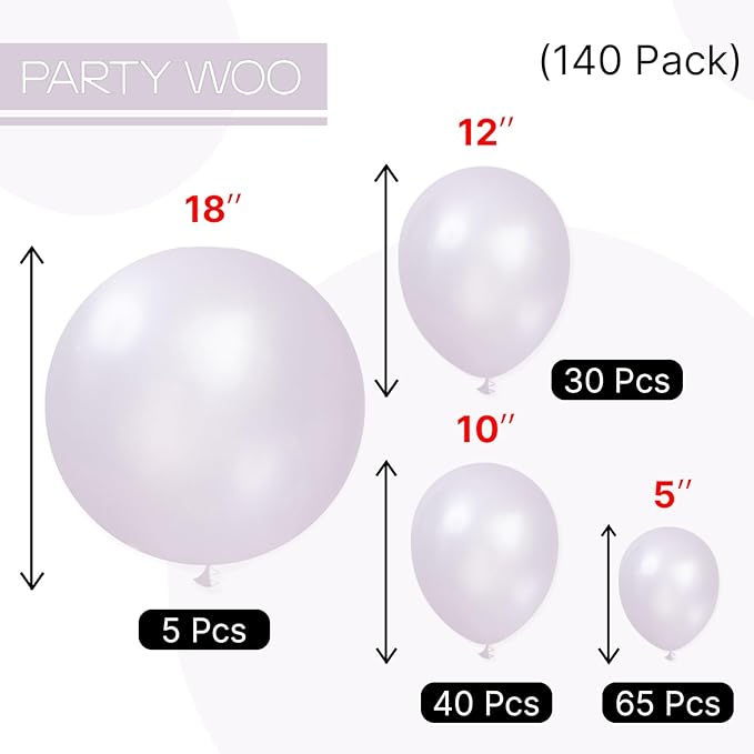PartyWoo Pearl Lavender Balloons 140pcs Different Sizes Pack of 18 12 10 5 Inch Pearl Light Pastel Purple Lilac Balloon Arch Kit for Bachelorette Fairy Girl Birthday Party Decorations Purple-Z32