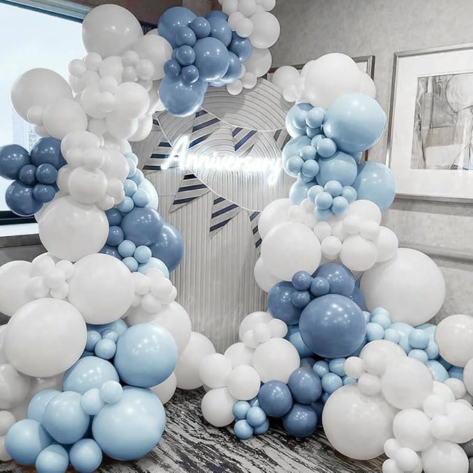 Dusty Blue and White Balloon Garland Arch Kit, 167Pcs Pastel Vintage Smoke Blue Matte White Latex Balloons for Birthday Graduation Baby Shower Gender Reveal Party Decorations