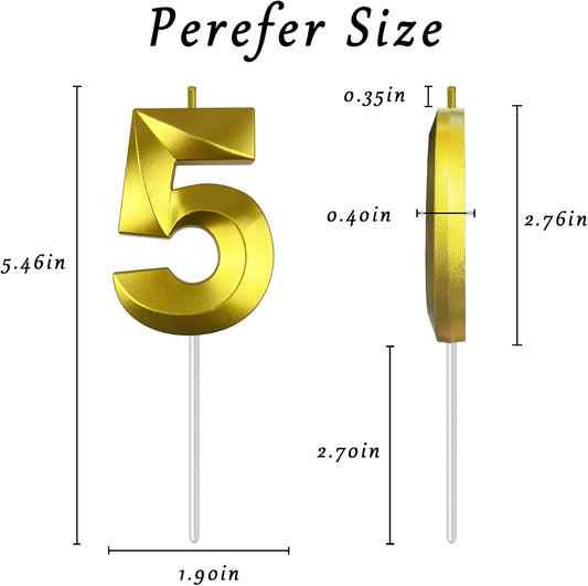 Gold Number 5 Candles, 3D Diamond 2.76 Inch Cake Topper Birthday Candles for Wedding Anniversary Cake Decorations, Happy Birthday Party Decorations