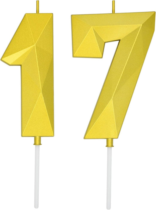 DERVENTA Large Birthday Candle Number 3D Gold 3.7 inch Party Celebration Anniversary Decoration Cake Topper 1 Piece (Number 17 Gold)