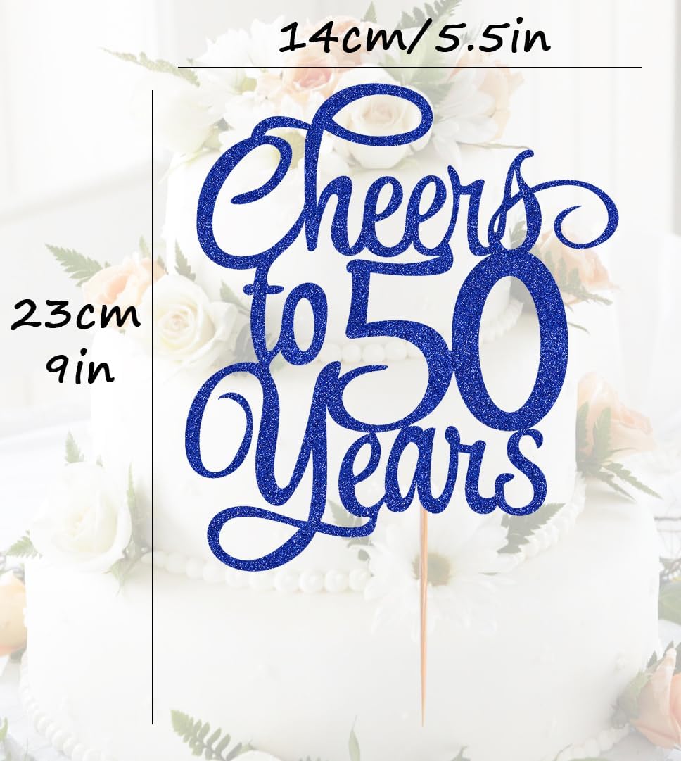 Cheers to 50 Years Cake Topper - Royal Blue Glitter 50th Birthday Cake Decorating Supplies, Perfect for 50th Anniversary or Fifty Birthday Party, Photo Booth Props