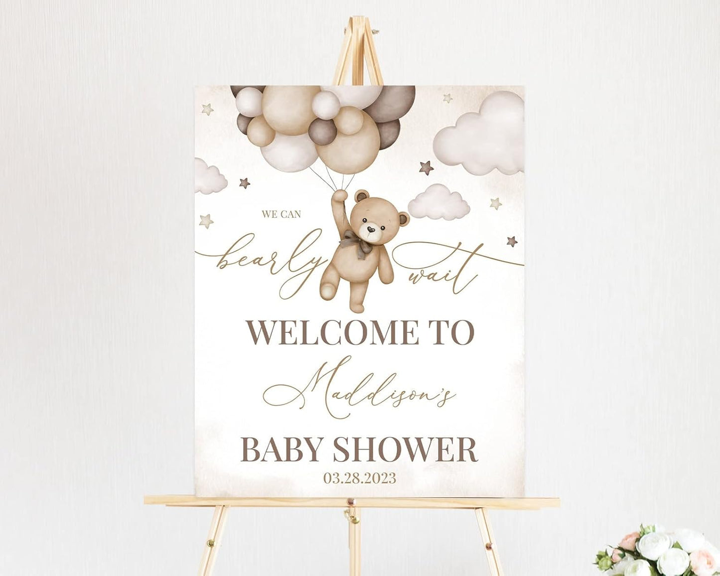 Personalized Gender Neutral Bear Baby Shower Welcome Sign, We Can Bearly Wait Baby Shower Poster, Brown Bear with Balloon Baby Shower Decoration