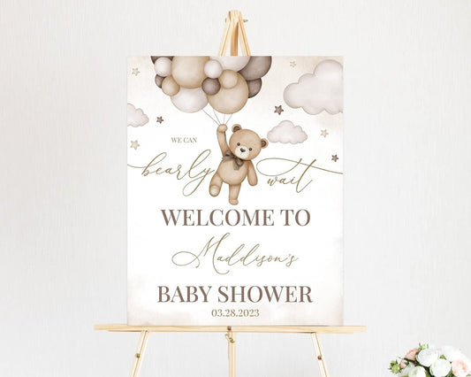 Personalized Gender Neutral Bear Baby Shower Welcome Sign, We Can Bearly Wait Baby Shower Poster, Brown Bear with Balloon Baby Shower Decoration