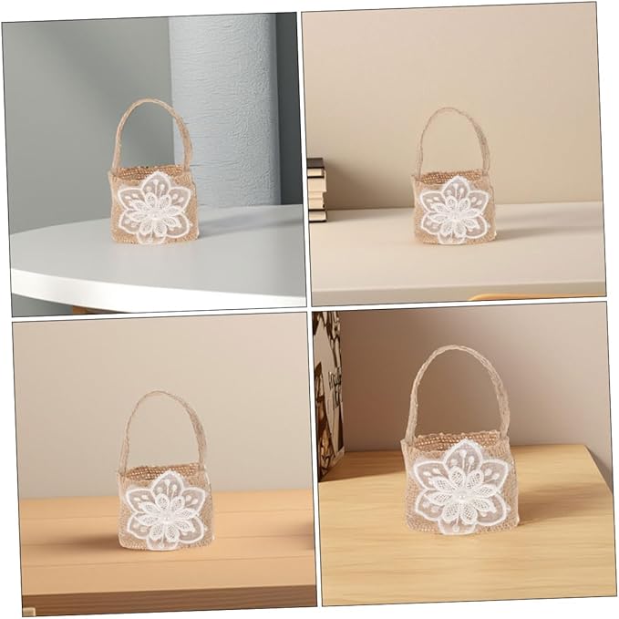 BESPORTBLE Mini Burlap Flower Girl Basket with 6pcs Linen Candy Bags Rustic Wedding Floral Party Favor Basket for Ceremony and Event Decoration
